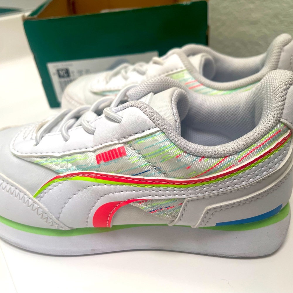 Puma Kids White Sneakers with Neon Pink & Green Accents